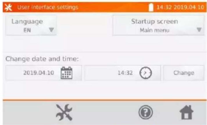 User interface settings 14:32 2019.04 10 Language EN Startup screen Main menu Change date and time: 2019.04.10 14:32 Change