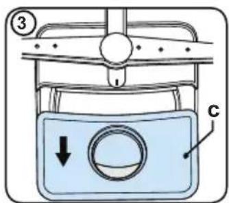 Diagram of a device with labeled parts and directional arrow, showing a container with circular ports and a valve.
