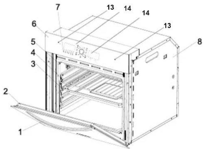 Technical diagram of an oven with numbered components for identification