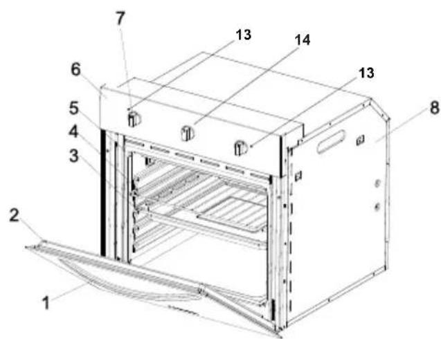 Technical diagram of an oven with numbered components for identification