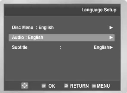 Language Setup Disc Menu : English Audio : English Subtitle : English OK RETURN MENU