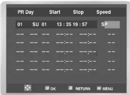 PR Day Start Stop Speed 01 SU 01 13 : 25 19 : 57 SP OK RETURN MENU