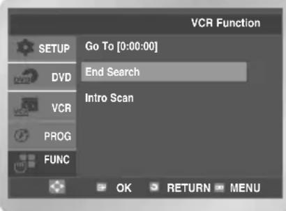 VCR Function SETUP Go To [0:00:00] DVD End Search VCR Intro Scan PROG FUNC OK RETURN MENU