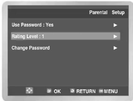 Parental Setup Use Password : Yes Rating Level : 1 Change Password OK RETURN MENU