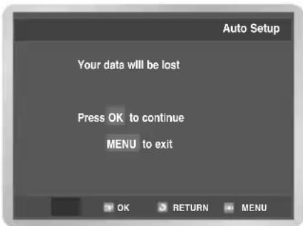Auto Setup Your data will be lost Press OK to continue MENU to exit OK RETURN MENU