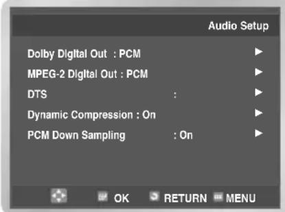 Audio Setup Dolby Digital Out : PCM MPEG-2 Digital Out : PCM DTS : Dynamic Compression : On PCM Down Sampling : On