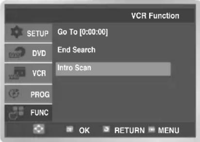 VCR Function SETUP Go To [0:00:00] DVD End Search VCR Intro Scan PROG FUNC OK RETURN MENU