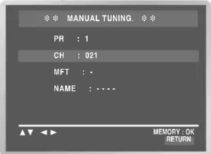 *** MANUAL TUNING. *** PR : 1 CH : 021 MFT : - NAME : - - - - MEMORY : OK RETURN