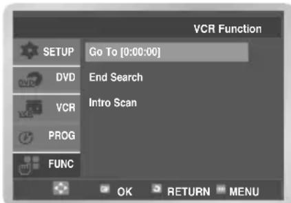 VCR Function SETUP Go To [0:00:00] DVD End Search VCR Intro Scan PROG FUNC OK RETURN MENU