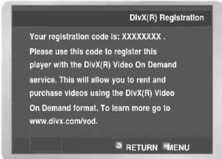 DivX(R) Registration Your registration code is: XXXXXXX. Please use this code to register this player with the DivX(R) Video On Demand service. This will allow you to rent and purchase videos using the DivX(R) Video On Demand format. To learn more go to www.divx.com/vod.