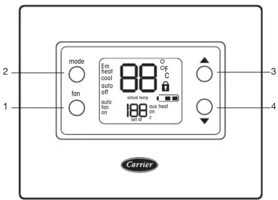 2 1 mode fan Em heat cool auto off auto fan on 88 actual temp 188 aux heat on set at 2 CF C 3 4 Carrier