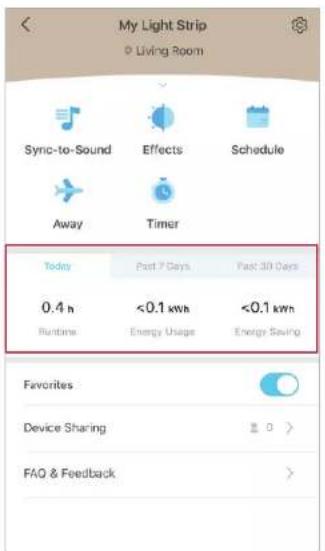 My Light Strip Living Room Sync-to-Sound Effects Schedule Away Timer Today Past 7 Days Past 30 Days 0.4 h <0.1 kWh <0.1 kWh Runtime Energy Usage Energy Saving Favorites Device Sharing 0 > FAQ & Feedback >