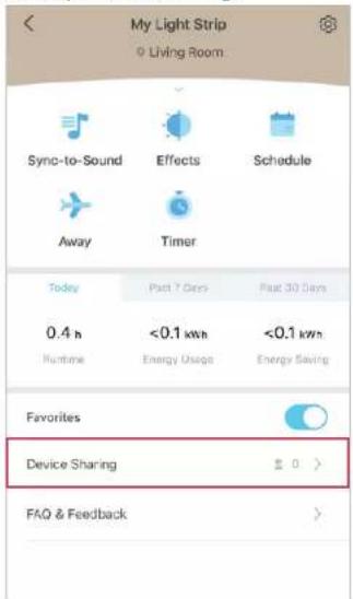 My Light Strip Living Room Sync-to-Sound Effects Schedule Away Timer Today Past 7 Days Past 30 Days 0.4 h <0.1 kWh <0.1 kWh Runtime Energy Usage Energy Saving Favorites Device Sharing ≤ 0 > FAQ & Feedback