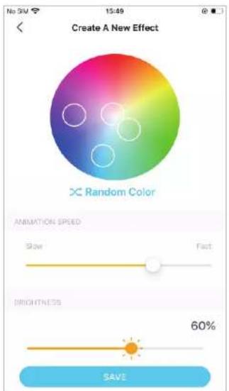 No 54V 15:49 Create A New Effect Random Color Animation Speed Slow Fact Brightness 60% SAVE