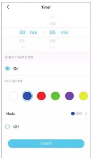 Timer 00 hrs : 05 min 01 06 07 WHEN TIMER ENDS On Set Lightning Mode 60% > Off START