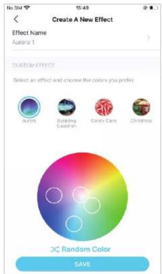 No 3M 15:49 Create A New Effect Effect Name Aurora 1 CUSTOM EFFECT Select an effect and choose the colors you prefer. Aurora Bubbling Caudians Candy Cane Christmas Random Color SAVE