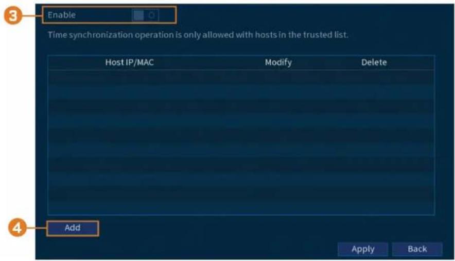 3 Enable Time synchronization operation is only allowed with hosts in the trusted list. Host IP/MAC Modify Delete Add Apply Back