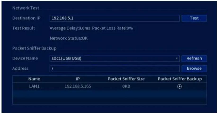 Network Test Destination IP 192.168.5.1 Test Test Result Average Delay:0.0ms Packet Loss Rate:0% Network Status:OK Packet Sniffer Backup Device Name sdc1(USB USB) Refresh Address / Browse Name IP Packet Sniffer Size Packet Sniffer Backup LAN1 192.168.5.165 0KB
