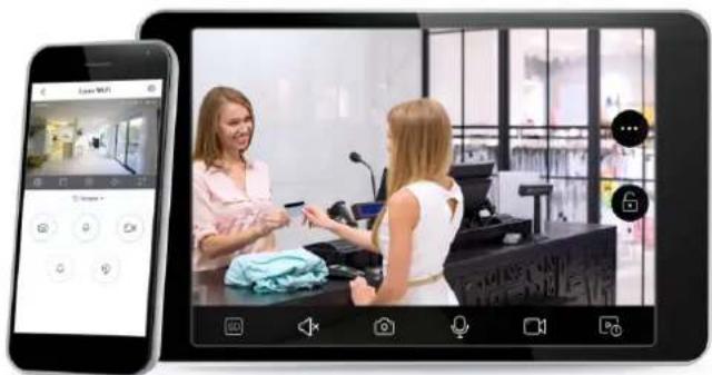 Mobile app interface displaying a photo editing app with icons and a customer service counter scene