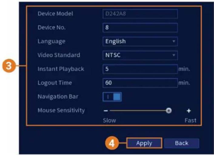 Device Model D242A8 Device No. 8 Language English Video Standard NTSC Instant Playback 5 min. Logout Time 60 min. Navigation Bar 1 Mouse Sensitivity Slow Fast Apply Back
