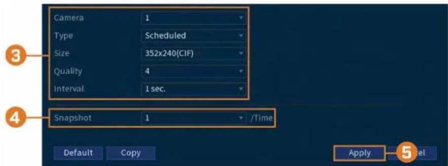 Camera 1 Type Scheduled Size 352x240(CIF) Quality 4 Interval 1 sec. Snapshot 1 /Time Default Copy Apply 5