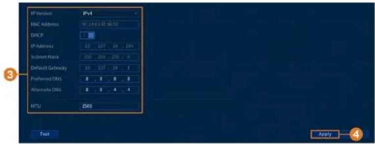 IP Version IPv4 MAC Address 9C.116348 96.51 DHCP IP Address 10 127 18 . 254 Submit Black 233 255 278 . 0 Default Gateway 10 127 18 . 1 Preferred DNS 8 . 8 . 8 . 8 Alternate DNS 8 . 8 . 4 . 4 MTU 1500 Test Apply 4