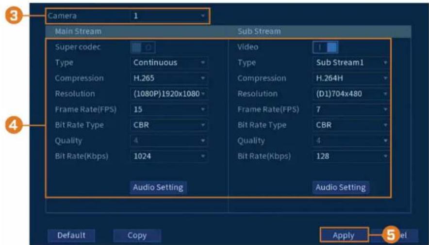 Camera 1 Main Stream Sub Stream Super codec Type Continuous Compression H.265 Resolution (1080P)1920x1080 Frame Rate(FPS) 15 Bit Rate Type CBR Quality 4 Bit Rate(Kbps) 1024 Audio Setting Audio Setting Video Type Sub Stream1 Compression H.264H Resolution (D1)704x480 Frame Rate(FPS) 7 Bit Rate Type CB…