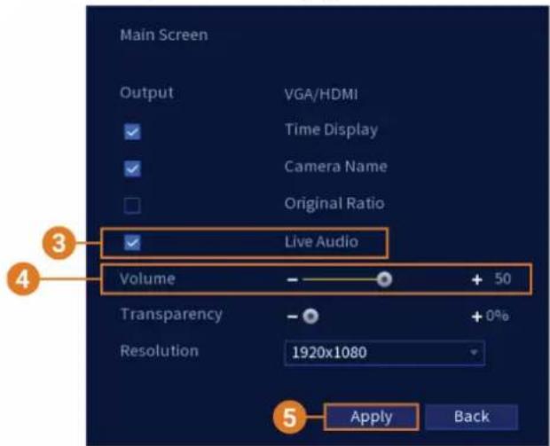 Main Screen Output VGA/HDMI Time Display Camera Name Original Ratio Live Audio Volume + 50 Transparency + 0% Resolution 1920x1080 Apply Back