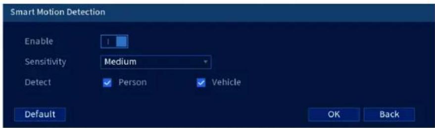 Smart Motion Detection Enable Sensitivity Medium Detect Person Vehicle Default OK Back