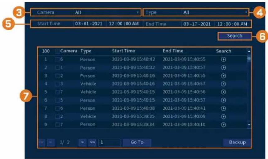 Camera All Type All Start Time 03-01-2021 12:00:00 AM End Time 03-17-2021 12:00:00 AM Search 100 Camera Type Start Time End Time Search 1 6 Person 2021-03-09 15:40:42 2021-03-09 15:40:55 2 1 Person 2021-03-09 15:40:32 2021-03-09 15:40:57 3 2 Person 2021-03-09 15:40:16 2021-03-09 15:40:55 4 3 Vehicle…