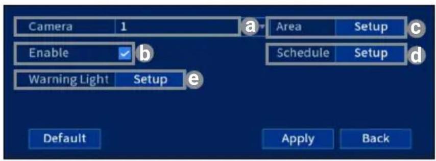 Camera 1 Enable Warning Light Setup Default Area Setup Schedule Setup Apply Back
