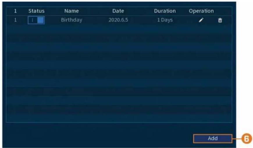 1 Status Name Date Duration Operation 1 ! Birthday 2020.6.5 1 Days Add 6