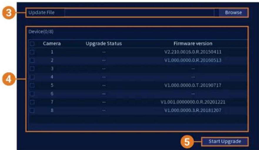3 Update File Browse Device(0/8) Camera Upgrade Status Firmware version 1 -- V2.210.0016.0.R.20150411 2 -- V1.000.0000.0.R.20160513 3 -- -- 4 -- -- 5 -- V1.000.0000.0.T.20190717 6 -- -- 7 -- V1.001.0000000.0.R.20201221 8 -- V1.000.0000.3.R.20181207 5 Start Upgrade