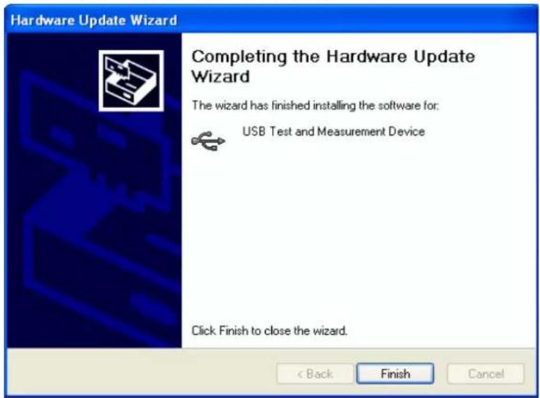 Hardware Update Wizard Completing the Hardware Update Wizard The wizard has finished installing the software for; USB Test and Measurement Device Click Finish to close the wizard. < Back Finish Cancel