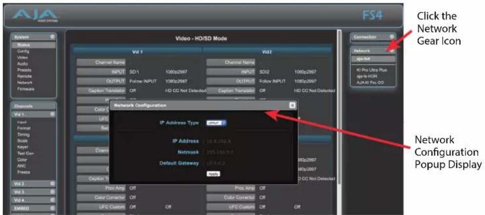 Click the Network Gear Icon Network Configuration Popup Display