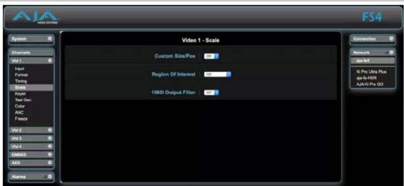 AJA www.ajm.com FS4 System Channels Vit 1 Input Format Timing Scale Keyter Text Gen Color ANC Trace Vit 2 Vit 3 Vit 4 EMISO ACS Alarms Video 1 - Scale Custom Size/Pose Region Of Interest 10001 Output Filter Connection Network Gie Set IG Pro Ultra Pos aja-fu-HDR AJA IG Pro OD
