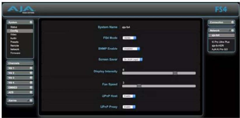 AJA AUA SYSTEM FS4 System Status Config Video Audio Preops Remote Network Firmware Channels Vol 1 Vol 2 Vol 3 Vol 4 EMED ASR Alerts System Name ajp-fsf4 FS4 Mode GoGo SNMP Enable Doction Screen Saver In JIA8 Loped Display Intensity 6 Fan Speed 3 UPnP Host Enola UPnP Proxy Enola Connection Network ajp-fsf4 Kj Pro Ultra Plus ajp-fsf4-HOR AJA Kj Pro GO