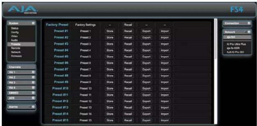 AIA FS4 System Status Config Video Audio Presets Remote Network Hardware Factory Preset Factory Settings - Recall - - Preset #1 Preset 1 Store Recall Export Import Preset #2 Preset 2 Store Recall Export Import Preset #3 Preset 3 Store Recall Export Import Preset #4 Preset 4 Store Recall Export Import Preset #5 Preset 5 Store Recall Export Import Preset #6 Preset 6 Store Recall Export Import Preset #7 Preset 7 Store Recall Export Import Preset #8 Preset 8 Store Recall Export Import Preset #9 Preset 9 Store Recall Export Import Preset #10 Preset 10 Store Recall Export Import Preset #11 Preset 11 Store Recall Export Import Preset #12 Preset 12 Store Recall Export Import Preset #13 Preset 13 Store Recall Export Import Preset #14 Preset 14 Store Recall Export Import Preset #15 Preset 15 Store Recall Export Import