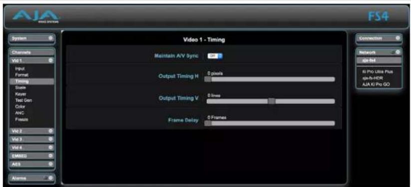 AVIA MS4 Video 1 - Timing System Channels Vid 1 Input Format Timing Code Keyer Test Gen Color AVC Fines Vid 2 Vid 3 Vid 4 EMBED Altos Maintain A/V Sync Output Timing H 0 pixels Output Timing V 0 times Frame Delay 0 frames Connection Network dir list KJ Pro Ultra Plus gle-fi-HDR AJA KJ Pro GO