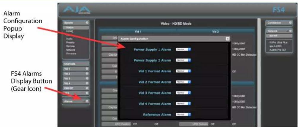 Alarm Configuration Popup Display FS4 Alarms Display Button (Gear Icon) Video - HD/SD Mode Vid 1 Vid 2 Alarm Configuration Power Supply 1 Alarm Power Supply 2 Alarm Vid 1 Format Alarm Vid 2 Format Alarm Vid 3 Format Alarm Vid 4 Format Alarm Reference Alarm