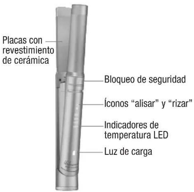 Placas con revestimiento de cerámica Bloqueo de seguridad Íconos "alisar" y "rizar" Indicadores de temperatura LED Luz de carga