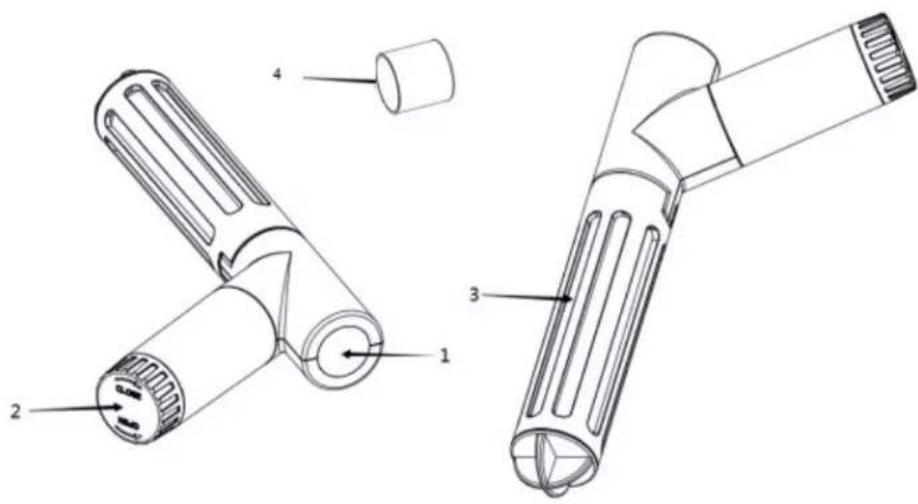 Technical diagram of a handheld device with labeled parts 1, 2, 3, and 4