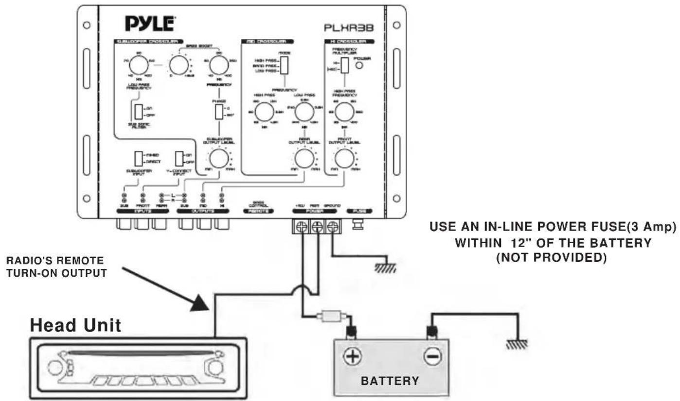 PYLE PLHR3B RADIO'S REMOTE TURN-ON OUTPUT HEAD POWER PRESSURE SPASS SWITCH HIGH PRESS LOW PRESS FREQ OUTPUT LEVEL RED PRESSURE HIGH PRESS LOW PRESS FREQ OUTPUT LEVEL RED OUTPUT LEVEL FINE-DIRECT OFF T-CURRENT OUTPUT SUB PRINT FROM SUB TND H OUTPUTS SENS CONTROL POTATO +HU NET GROUND POWER PULSE USE AN IN-LINE POWER FUSE(3 Amp) WITHIN 12" OF THE BATTERY (NOT PROVIDED) Head Unit BATTERY