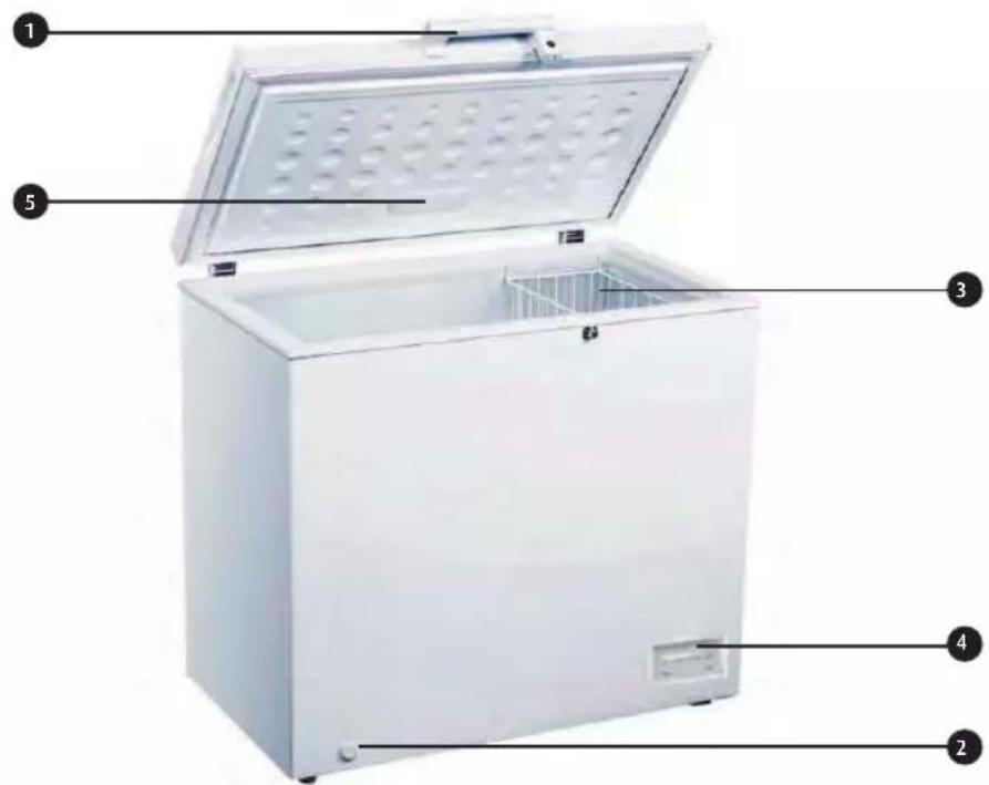 Diagram of a white refrigerator with numbered parts labeled for identification.