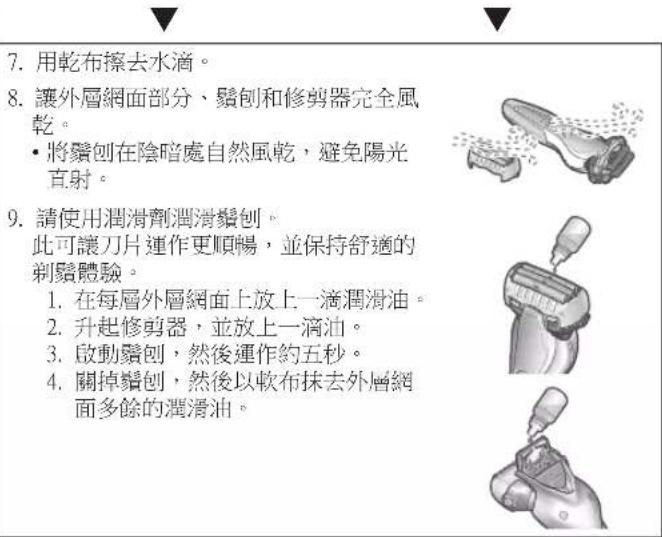 7. 用乾布擦去水滴。 8. 讓外層網面部分、鬚刨和修剪器完全風乾。 • 將鬚刨在陰暗處自然風乾,避免陽光直射。 9. 請使用潤滑劑潤滑鬚刨。 此可讓刀片運作更順暢,並保持舒適的剃鬚體驗。 1. 在每層外層網面上放上一滴潤滑油。 2. 升起修剪器,並放上一滴油。 3. 啟動鬚刨,然後運作約五秒。 4. 關掉鬚刨,然後以軟布抹去外層網面多餘的潤滑油。