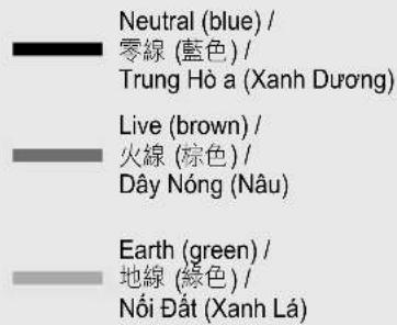Neutral (blue) / 零線 (藍色) / Trung Hồ a (Xanh Dương) Live (brown) / 火線 (棕色) / Dây Nóng (Nâu) Earth (green) / 地線 (綠色) / Nói Đất (Xanh Lá)