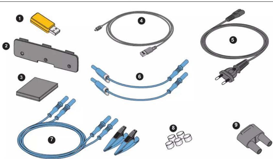 Illustration of nine types of electronic devices with labeled components, including USB, capacitors, and connectors.