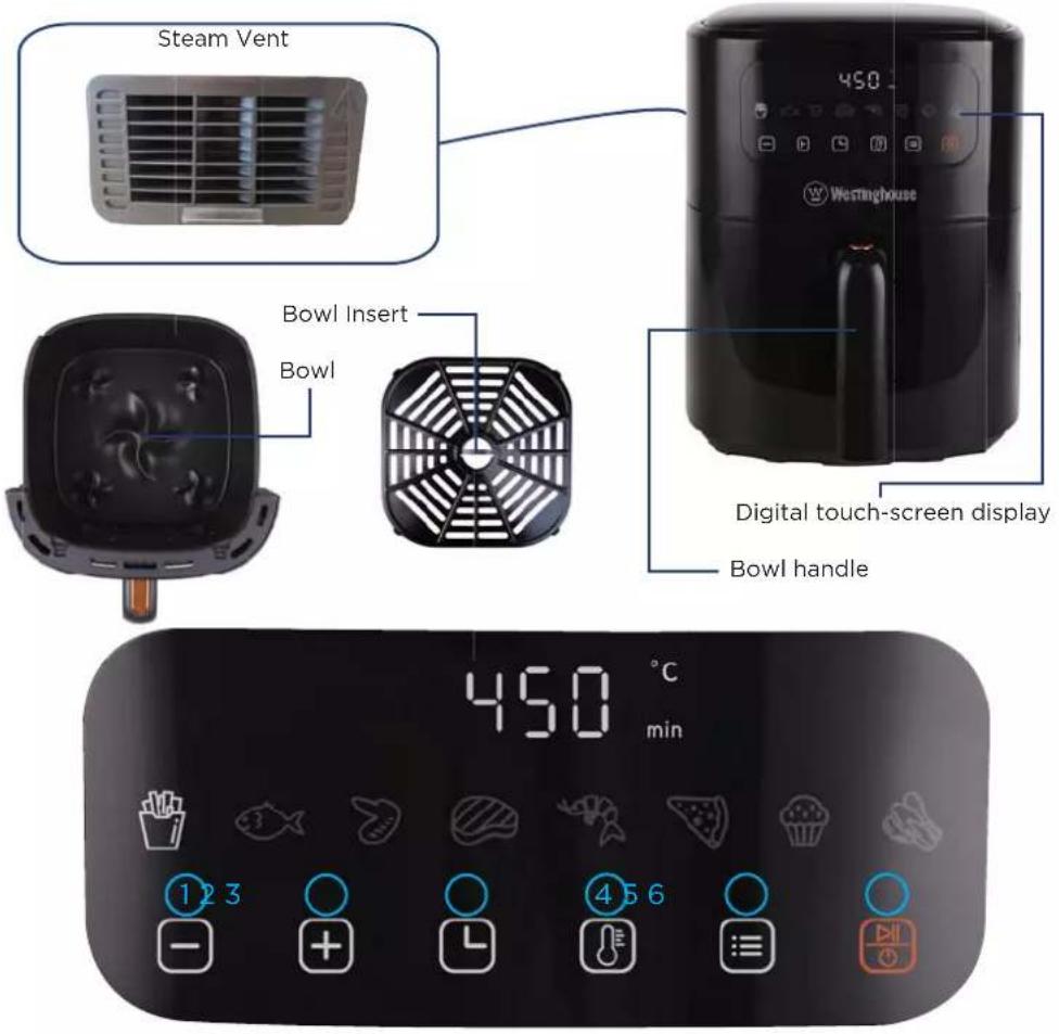 Steam Vent Bowl Insert Bowl Digital touch-screen display Bowl handle 450 °C min 1 2 3 4 5 6