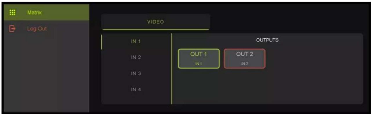 Matrix Log Out VIDEO IN 1 IN 2 IN 3 IN 4 OUTPUTS OUT 1 IN 1 OUT 2 IN 2
