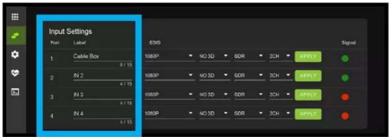 Input Settings Pan Label EDIB Signal 1 Cable Box 9 / 15 1080P NO 3D SDR 2CH APPLY 2 IN 2 4 / 15 1080P NO 3D SDR 2CH APPLY 3 IN 3 4 / 15 1080P NO 3D SDR 2CH APPLY 4 IN 4 4 / 15 1080P NO 3D SDR 2CH APPLY